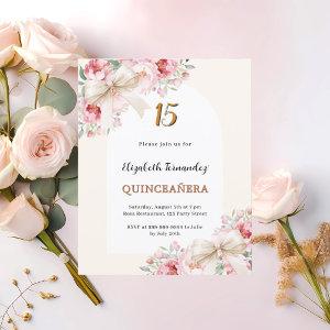 Beige bows pink floral arch Quinceanera