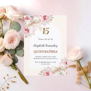 Beige cream bows pink florals arch Quinceanera