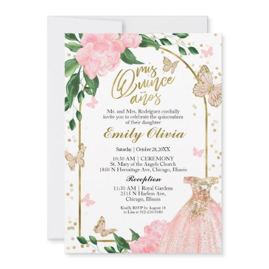 Bilingual Quinceanera Butterflys Pink Blush Gown