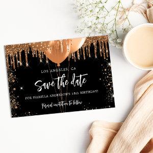 Birthday black gold balloons glitter drips save the date