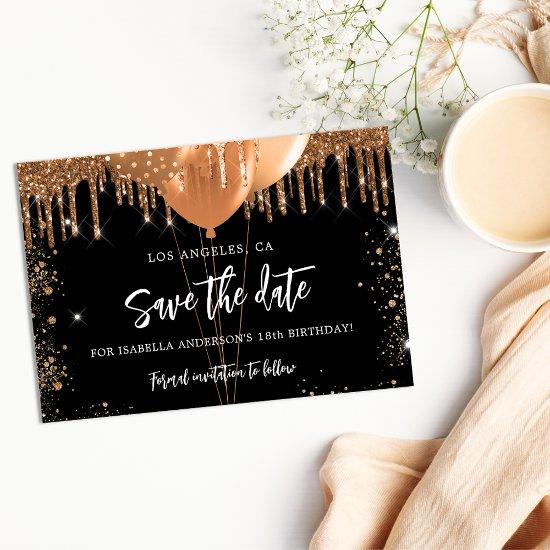 Birthday black gold balloons glitter drips save the date