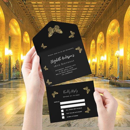 Birthday black gold butteflies party RSVP All In One