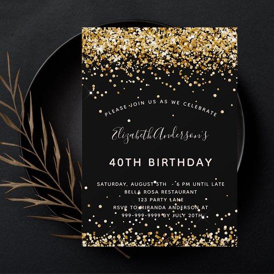 Birthday black gold glitter glamorous party  postcard