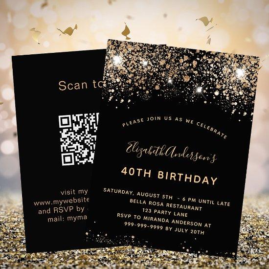 Birthday black gold glitter QR code RSVP
