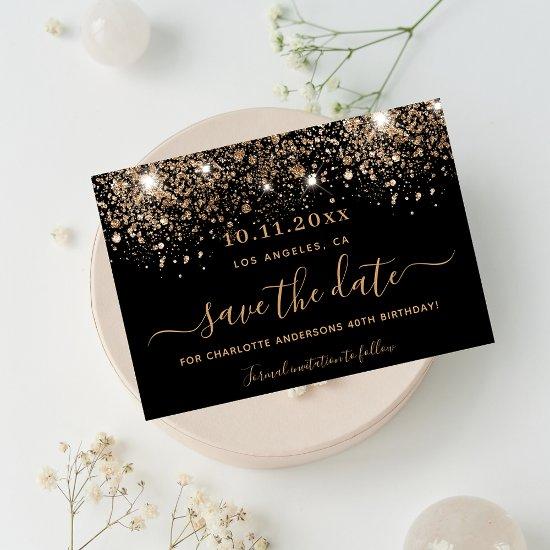 Birthday black gold glitter sparkles save the date
