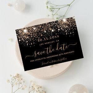 Birthday black gold glitter sparkles save the date announcement postcard