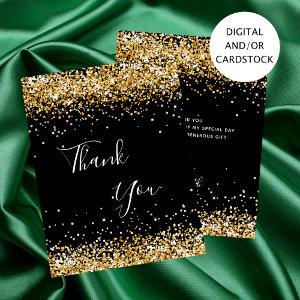 Birthday black gold glitter thank you card