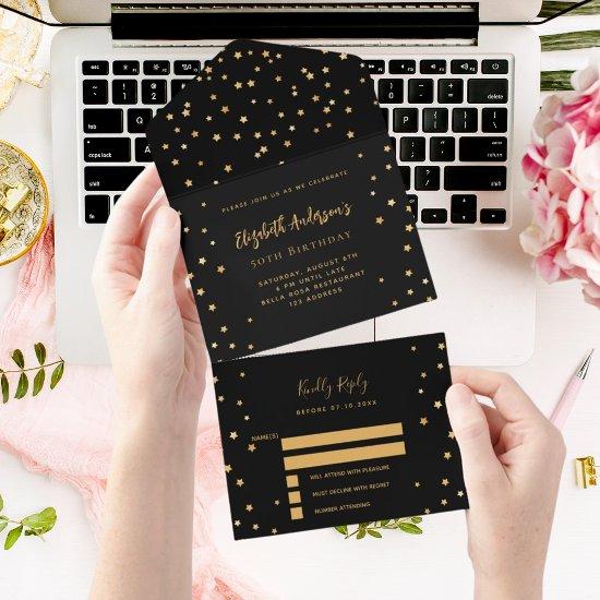 Birthday black gold stars party RSVP All In One