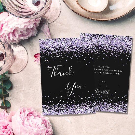 Birthday black lavender glitter thank you card