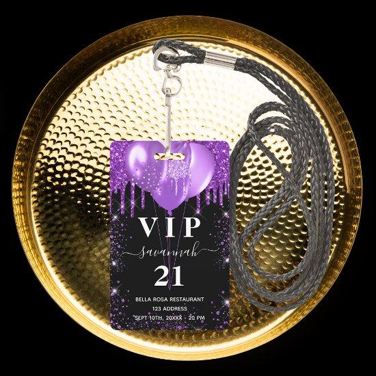 Birthday black purple balloon vip  badge
