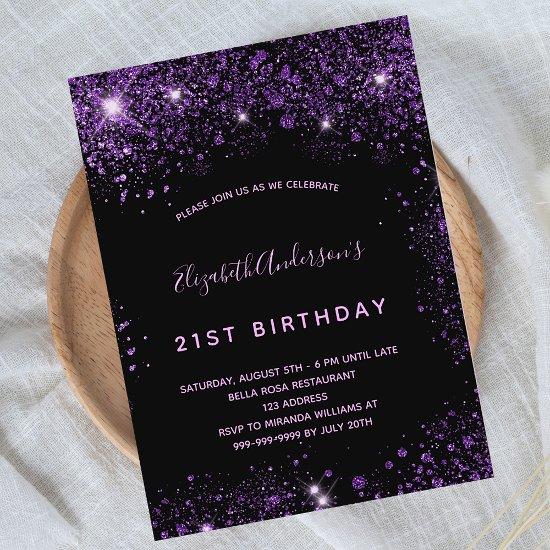 Birthday black purple glitter dust glamorous  postcard