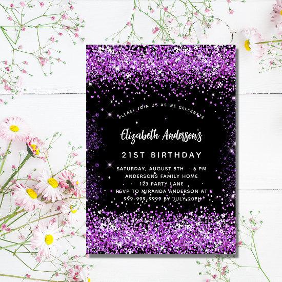 Birthday black purple glitter glamorous  postcard
