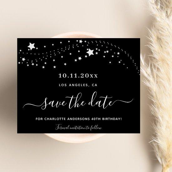 Birthday black silver stars budget save the date flyer