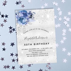 Birthday blue florals silver glitter glamorous
