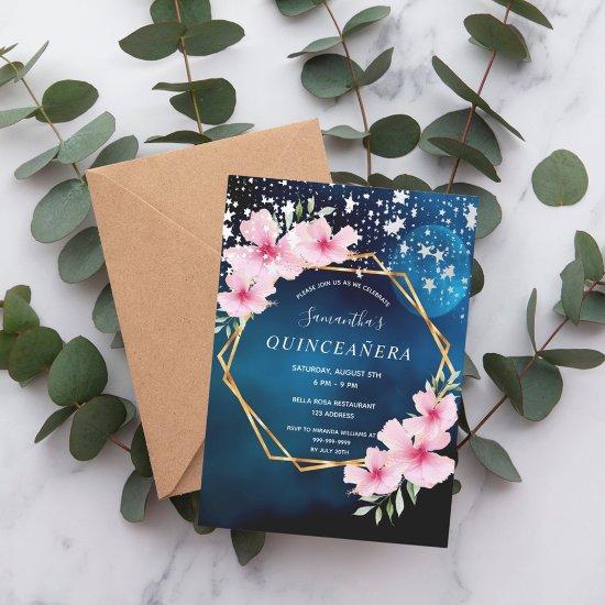Birthday blue sky stars pink floral gold geometric