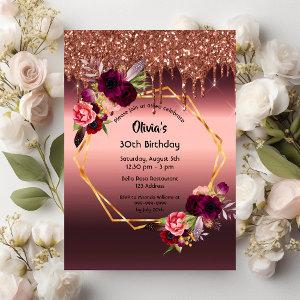 Birthday burgundy florals glitter geometric