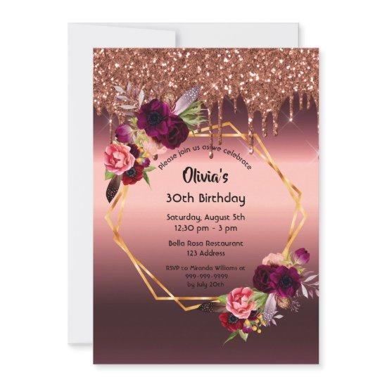 Birthday burgundy florals glitter geometric