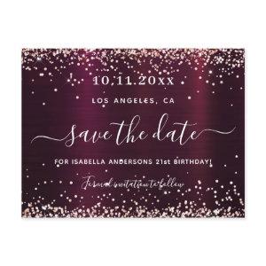 Birthday burgundy rose gold save the date announcement postcard