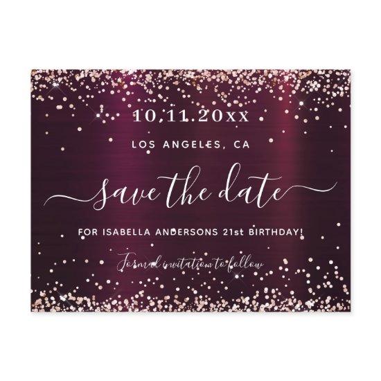 Birthday burgundy rose gold save the date announcement postcard