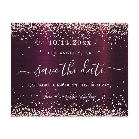 Birthday burgundy rose gold save the date card