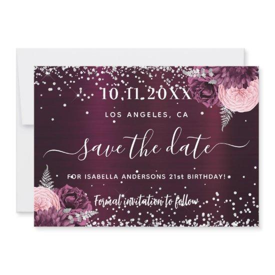 Birthday burgundy silver floral save the date