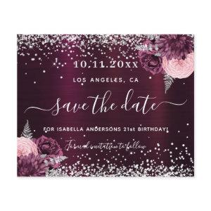 Birthday burgundy silver floral save the date