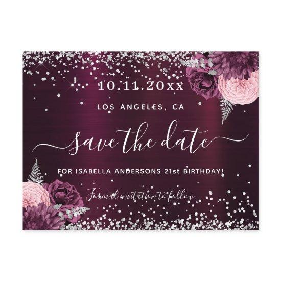 Birthday burgundy silver floral save the date announcement postcard