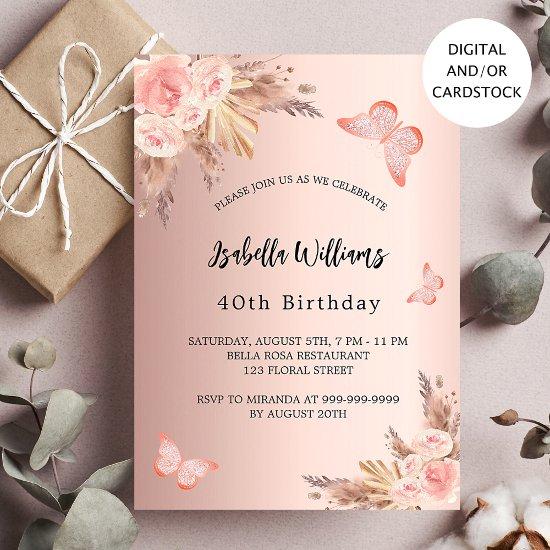 Birthday butterfly pampas grass blush rose gold