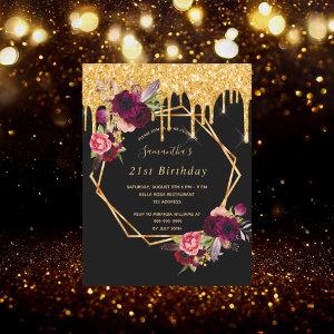 Birthday floral black gold glitter glam  postcard