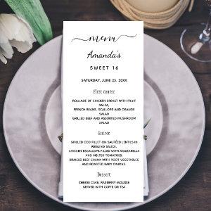 Birthday menu white black elegant
