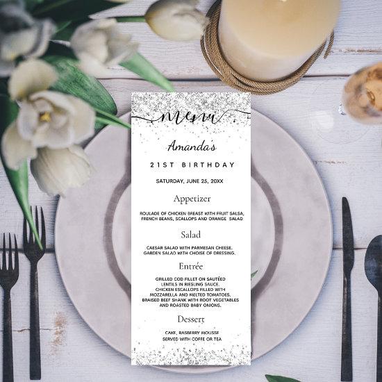 Birthday Menu white silver glitter sparkles