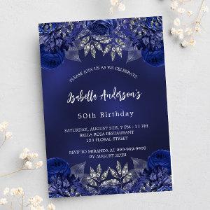 Birthday navy blue flowers elegant  postcard