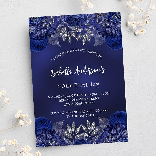 Birthday navy blue flowers elegant  postcard