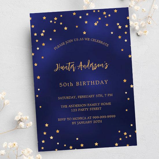 Birthday navy blue gold stars party  postcard