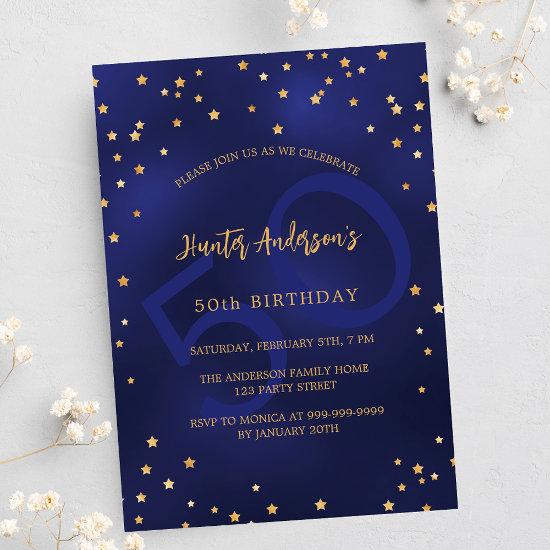 Birthday navy blue gold stars party number  postcard