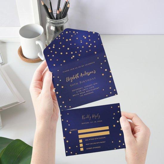 Birthday navy blue gold stars party RSVP All In One
