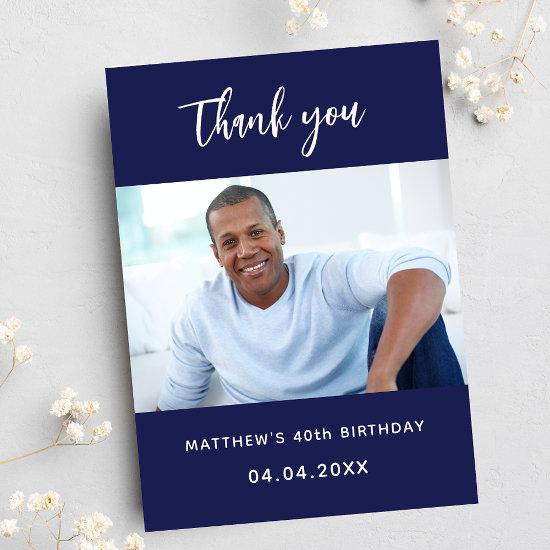 Birthday navy blue photo simple thank you card