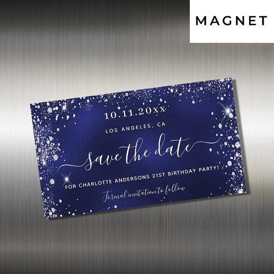 Birthday navy blue silver save the date magnet