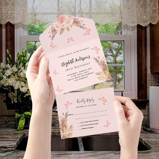 Birthday pampas blush pink butteflies florals RSVP All In One