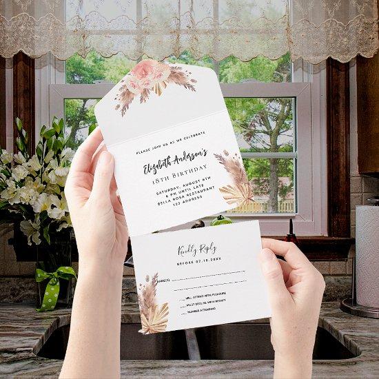 Birthday pampas grass rose pink florals party RSVP All In One