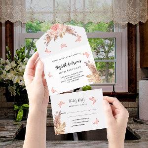 Birthday pampas rose gold buttefly florals RSVP All In One