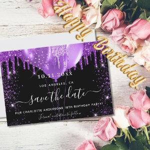 Birthday party black purple balloons save the date announcement postcard