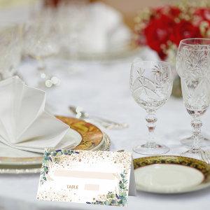 Birthday party eucalyptus gold glitter dust place card