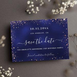 Birthday party navy blue rose gold save the date