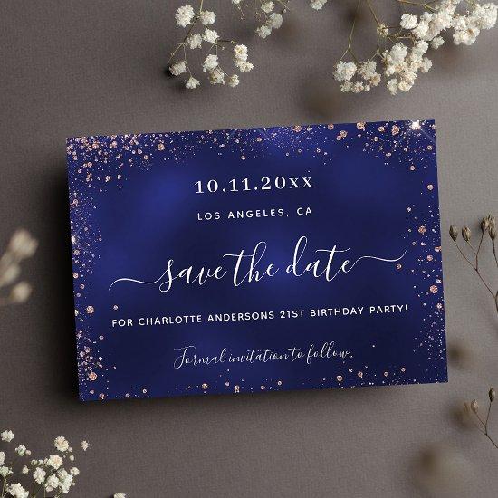 Birthday party navy blue rose gold save the date