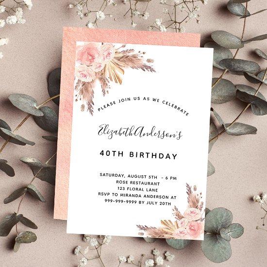 Birthday party pampas grass rose gold blush floral