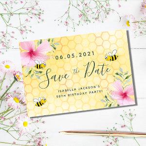 Birthday party pink florals yellow honeycomb bees save the date