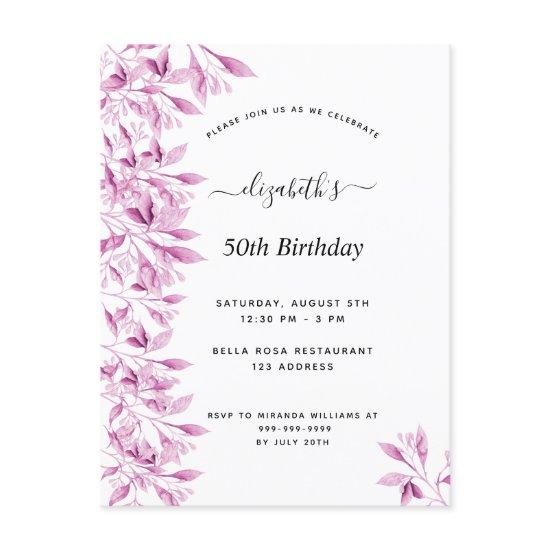 Birthday party pink white botanical postcard
