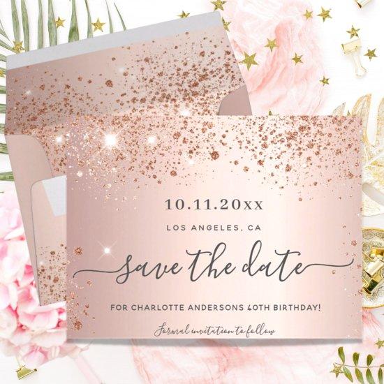 Birthday party rose gold save the date announcement postcard