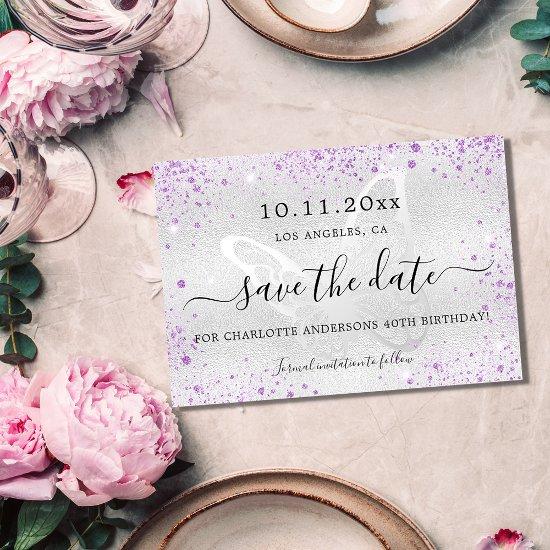 Birthday party silver violet glitter butterfly save the date